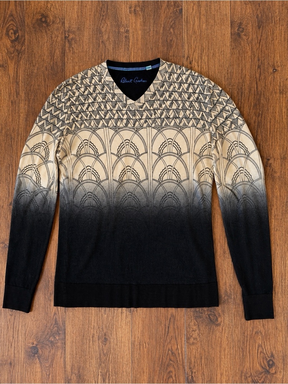 Robert Graham Beige to Black Gradient Geometric V-Neck Sweater